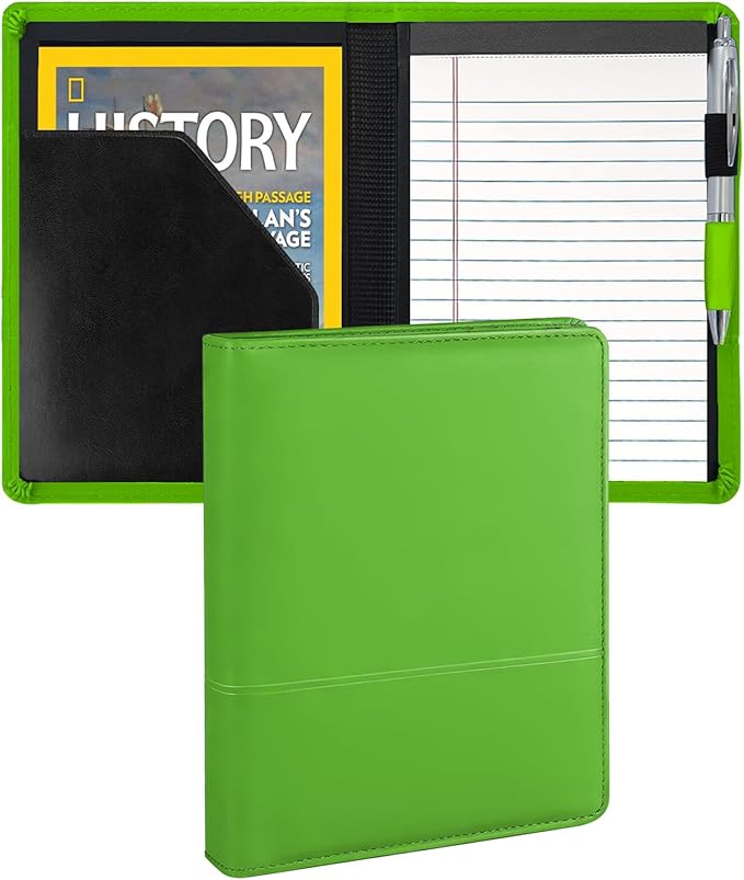 A5 Padfolio Business Portfolio Folder,Junior Size Document Folder Organizer, Padfolio with Interior Pocket and Pen Loop, 5 x 8 Writing Pad Included. Green