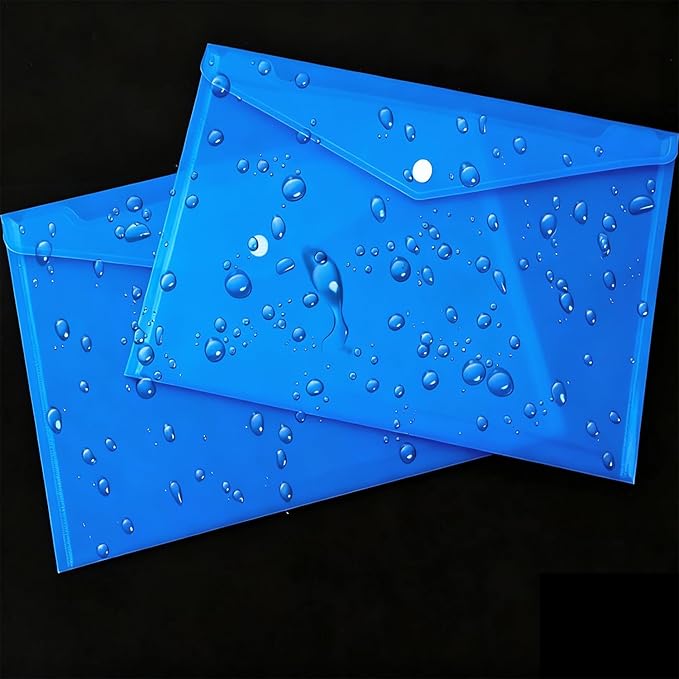 Clear Document Folders Transparent Filing Envelopes Waterproof Plastic Envelopes File Holder Filing Document Poly Envelope with Snap Button Closure for A4 Letter Paper Size (Blue, A4)