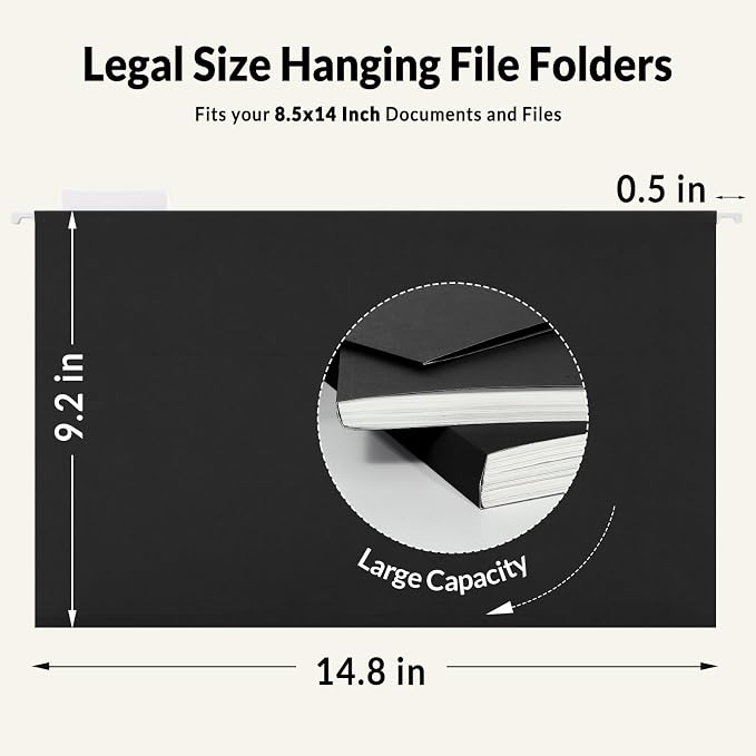SUNEE Hanging File Folders Legal Size, Black File Folders 25 Pack 1/5-Cut Tabs, Stay Organized for Your Home and Office Bulk File and Documents
