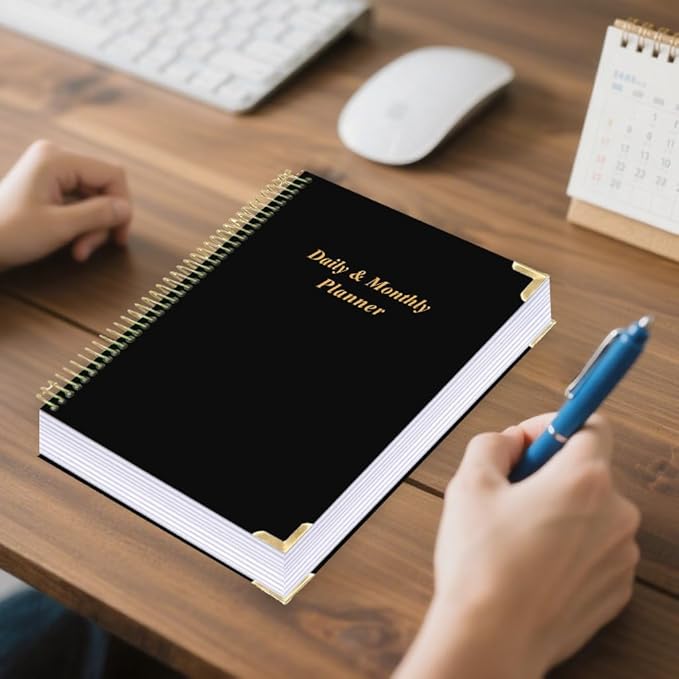 Undated Daily Monthly Planner for 2026 or Anytime - A4 To Do List with Hourly Schedule, Hardcover Spiral Bound Daily Planner to Increase Focus, Stylish School/Office Supplies, 8.5" x 11", Black
