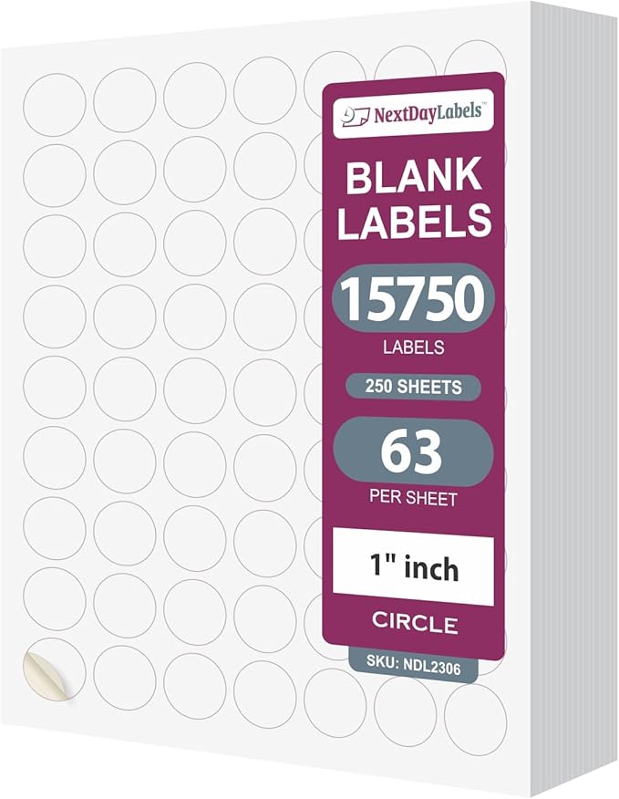 NextDayLabels 1 Inch Round Circle Stickers White Blank Labels for Laser Inkjet Printer - 63 Per Sheet Self-Adhesive Color Coding Organization Made in USA - 15,750 Labels