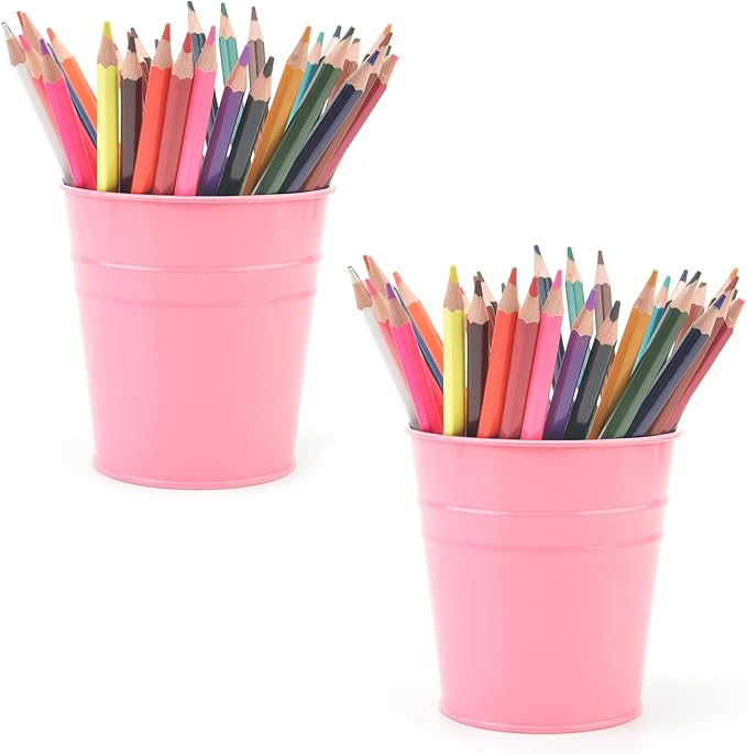Pen Holder Cup For Desk Pencil Holder Metal Marker Pen Organizer Storage Small Tinplate Flower Pot Succulent Bucket Planters for Office Home - 2 Pack (Pink)