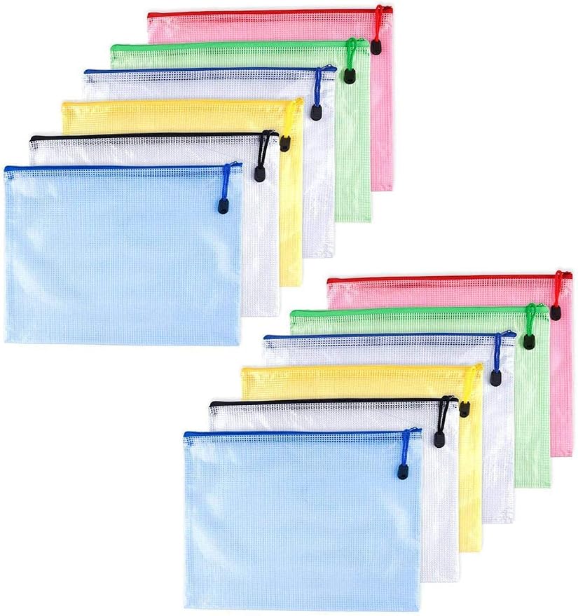 Plastic Zipper Pen File Document Folders Pockets Bags, 12-Pieces,Multicolor (A3)