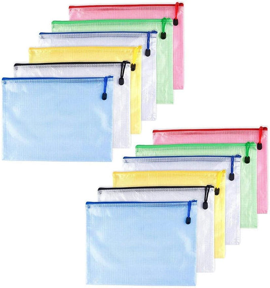 Oaimyy-A5(9"x 7"),-12PCS-Mesh Zipper Pouch, Plastic Zip File Folders Puzzle Board Games Storage Bags for Organizing,for Office Supplies,Travel,Home Storage- Multicolor