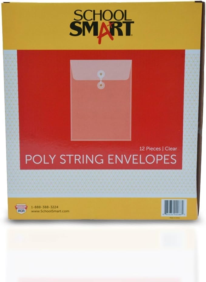 School Smart Top Loading Polypropylene String Envelopes - Letter Size - Pack of 12 - Clear - 082260
