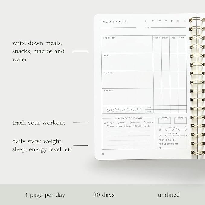 Kunitsa Co. Food and Exercise Journal for Women - Track Meals, Nutrition, and Weight Loss, 90 Days, Pink, 8.5 x 6 Inches