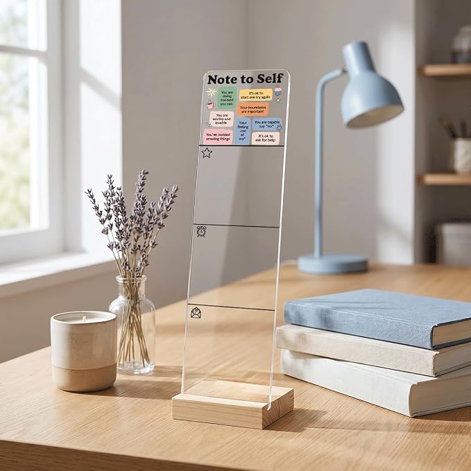Sticky Notes Monitor Memo Board Acrylic Holder with Removable Wooden Base, Note to Self Positive Affirmations Logo Desk Set with 200 Sheets Two Sizes Sticky Notes, Office Desk Accessories Organizer