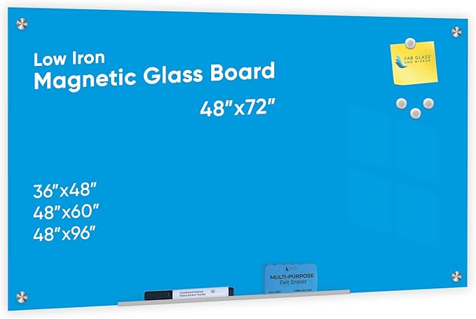 Clear Glass Dry Erase Board for Office & Home, Frameless Blue Surface Glass Board (48" x 72") Include Markers, Magnets with Eraser by Fab Glass & Mirror