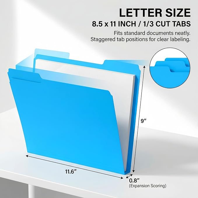 Colored File Folders 120 Pack, Letter Size 8.5 x 11 Manila Folders with 1/3 Cut Tabs, 6 Assorted Colors, Paper Filing Folders for Office, School and Home Documents