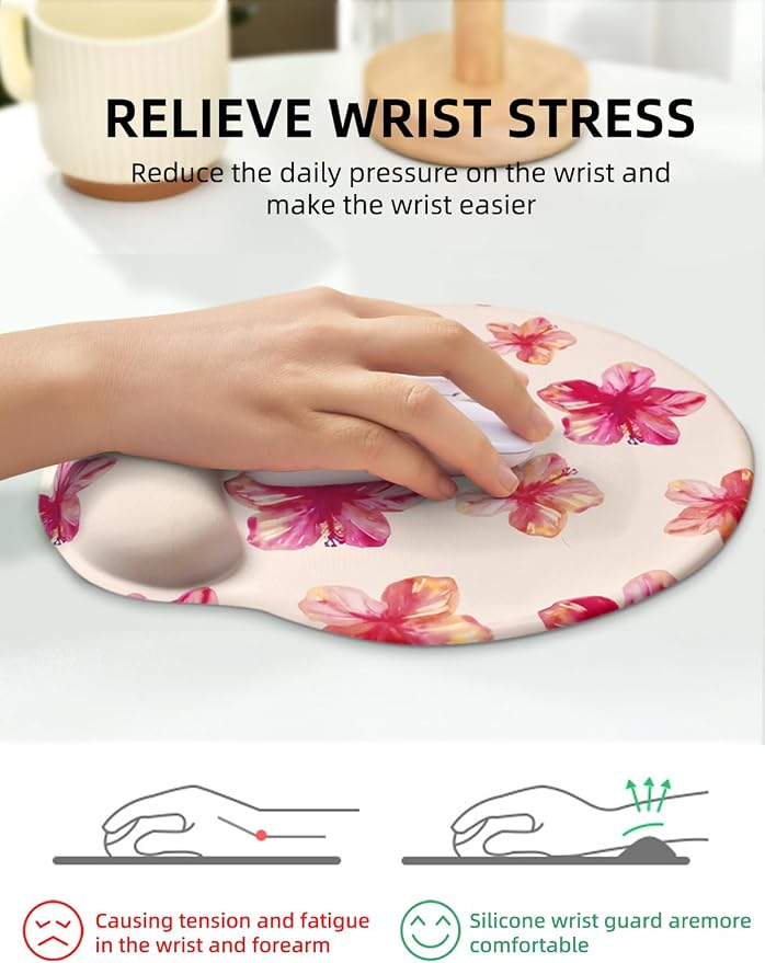 Lily Floral Mouse Pad Wrist Support Wrist Rest, Flower Ergonomic Mouse Pad with Non-Slip Base for Office Gaming Working Computers,Desk Accessories Pain Relief Mouse Mat, Beige