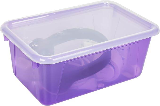 Storex Small Cubby Bins – Plastic Storage Containers for Classroom with Non-Snap Lid, 12.2 x 7.8 x 5.1 inches, Tint Violet, 5-Pack (62484U05C)