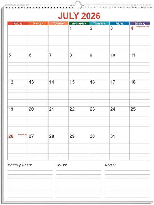 Large Calendar 2026-2027 with Spiral Bound - 18 Month Big Calendar from July 2026 to December 2027, Vertical Large Monthly Calendario 2026-2027 for Wall, 22" x 17", Colorful