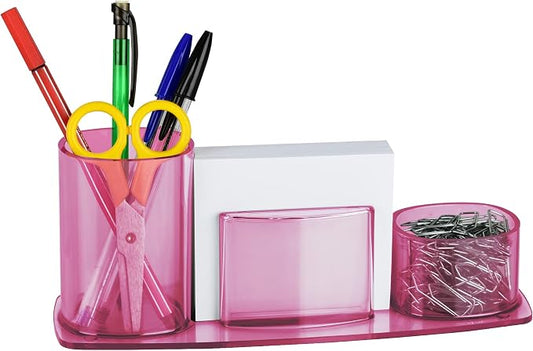 Acrimet Millennium Desk Organizer Cup Caddy – Plastic Desktop Holder for Pen, Pencil, Clips, Desk Accessories & Memo Paper – Includes 200 Sheets of Memo Paper (Clear Pink Color)