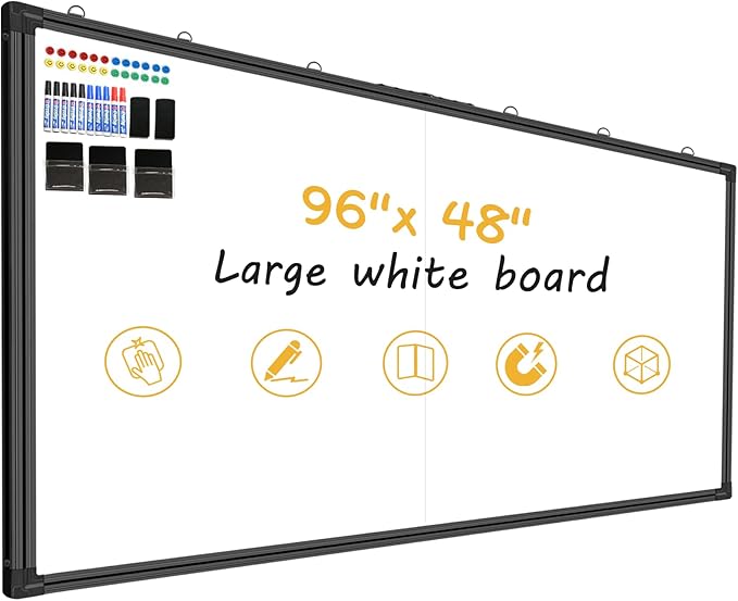 96"X48" Large Magnetic Whiteboard - 8x4 Feet Non-Reflective Coated Surface, Foldable Dry Erase Board, Black Aluminum Frame ，Suitable for Training Rooms and (Professional Accessory Set)