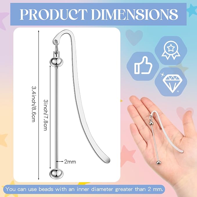 Dunzoom 20 Pcs Beadable Bookmarks DIY Metal Blank Bar Bookmark for Beads Modern Bead Craft Jewelry Pendant Charm Gift for Book Lovers Student Teacher Office Supplies(Silver)