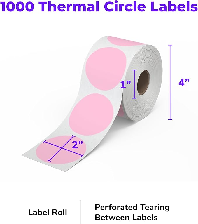Rollo Circle Thermal Labels 2 Inch - Roll of 1,000 Round Sticker Labels - Multi-Purpose Direct Thermal Printer Stickers 2x2 (Pink)