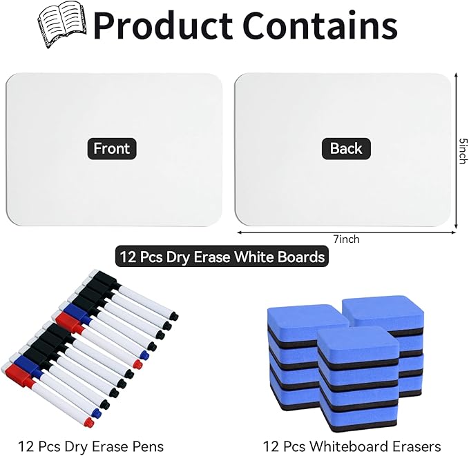 12 Sets Dry Erase Board 5'' x 7'' Mini White Boards Double Sided Small Whiteboard with Whiteboard Eraser and Marker Pens for Office Supplies Teacher Gifts