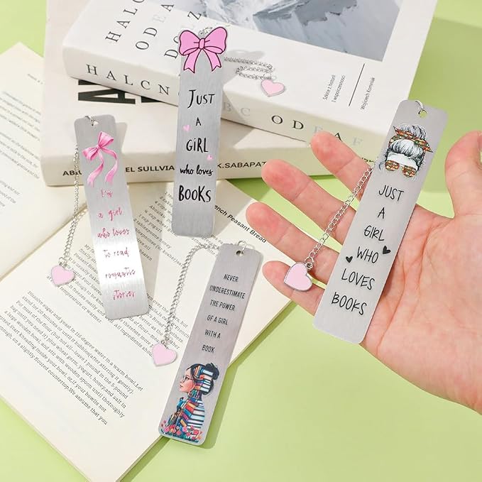 Pink Bow Metal Bookmark Gift Silver Chain Pendant with Bow for Women's Christmas Gift Book Lover Book Accessories School Supplies Office Stationery (Bow Bookmark 4PCS)