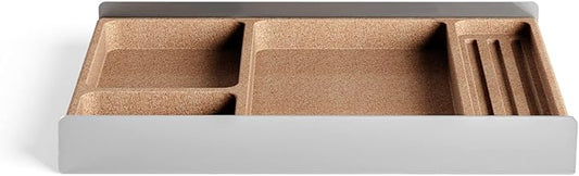 Desk Tray Organiser Drawer with Compartments Cork & Aluminium Catchall Valet Pen Tray for Cockpit Setup Desktop Storage Stationery Organizer (Light)