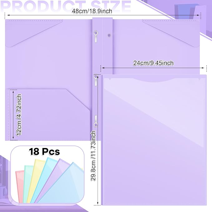 Henoyso 18 Pcs Plastic Folder with Clear Front Pocket and 3 Prong Plastic Folders with Card Slot Pocket Folders with Prongs for School Office (Pastel)