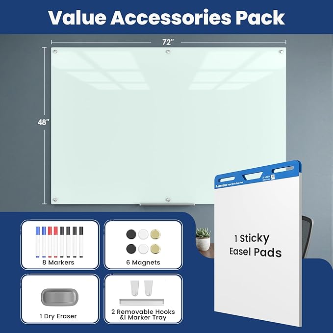 Large Glass Whiteboard, Enhanced Magnetism Glass Dry Erase Board for Wall, 72" x 48" Magnetic Tempered Glass Board, 6' x 4' Big White Board for Home, Office, School