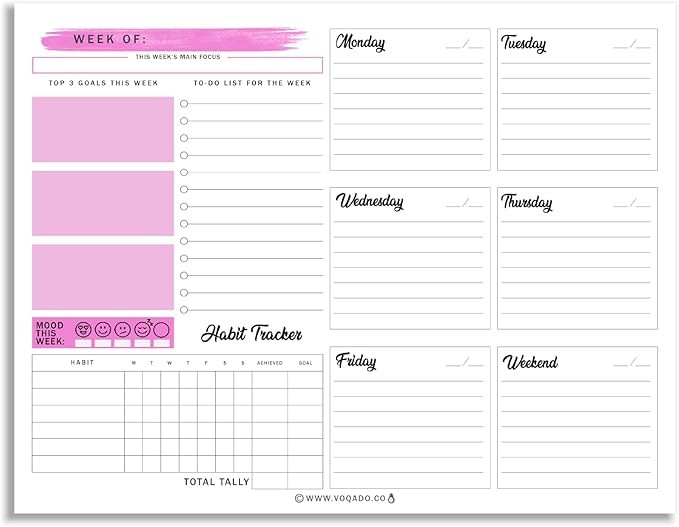 Weekly Planner Pad Tear Off (Magnetic) Full Year Productivity Planner, 50 Undated Sheets for Daily Schedule, To-Do Lists, Habit Tracking, Academic Planning, and Work Agenda (8.5 x 11 Inches, Pink)