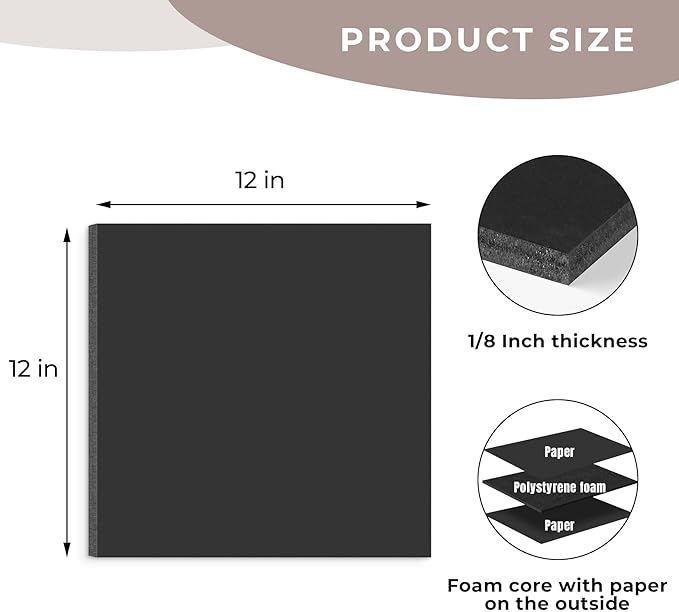 AUEAR, 12 Pack 12x12 Black Foam Boards 1/8" Thickness Foam Core Boards for Presentation Board for School Crafts Office Art Projects Display, Mounting, Print