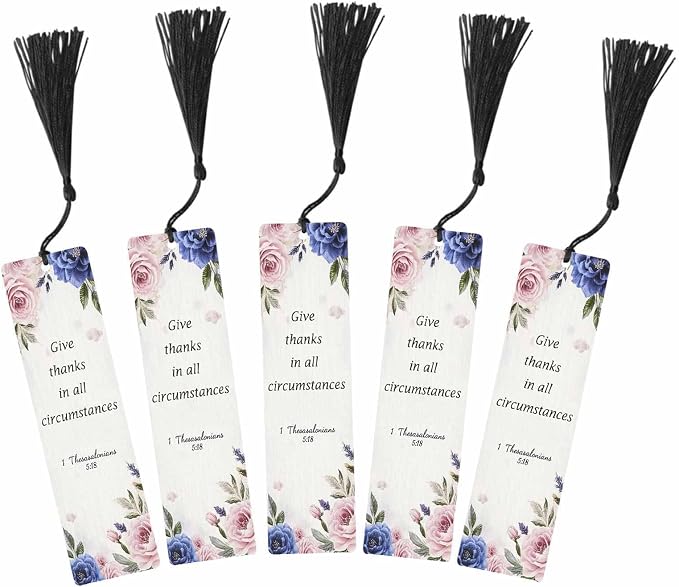 Pink Blue Flowers 5 Pcs Bookmarks Give Thanks Bible Word Wooden Bookmarks with Tassel for Students Reader Teachers Book Lovers