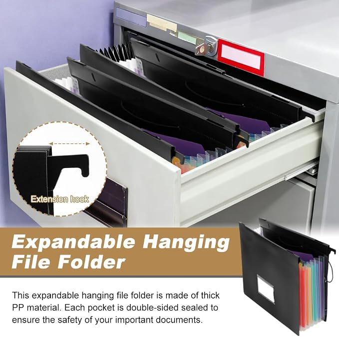 3 Packs Plastic Expanding Hanging File Folders with 3 Sheets Sticky Notes & 100 Paper Clips 7 Innovative Accordion Pockets, Large Capacity, Multi-Color Tabs for Filing Cabinet