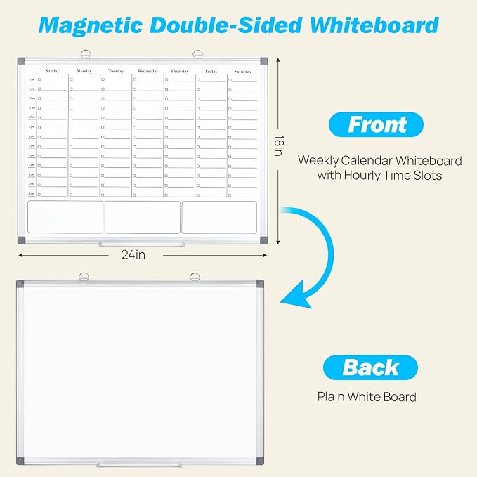 ONAVIA Weekly Calendar Dry Erase Board for Wall, Hanging 24"×18" Double-Sided Magnetic White Board, Hanging Whiteboard for Planning, Drawing, Memo, to Do List, School, Home, Kitchen, Office