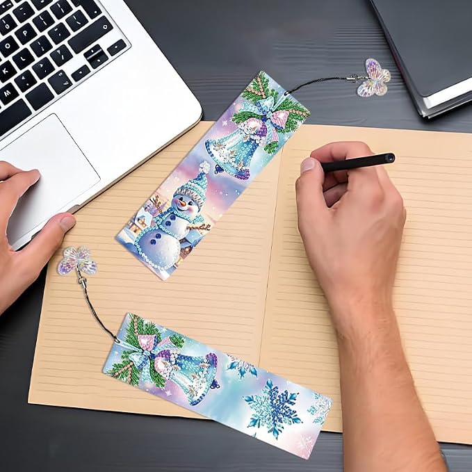 8 Pcs 5D Diamond Art Bookmarks for Reading Lovers, Handmade DIY Diamond Painting Book Marks with Tassels for DIY Making Beginners Adults Arts Craft Supplies (Snowman)
