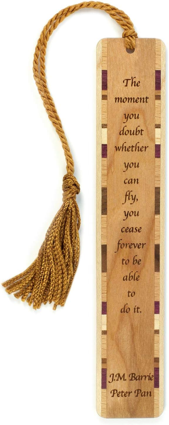 Peter Pan Quote Wooden Bookmark | J.M. Barrie Inspirational Literary Quote Gift for Book Lovers | Handmade Wood Bookmark with Copper Tassel | Made in the USA