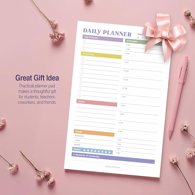 Daily Planner Notepad, 5.5 x 8.5" Tear-Off Pad – 70 Undated Sheets Focus-Enhancing Desktop Organizer with Hourly Schedule, To-Do List for Work, School (White, Colorful, 2 Pack)