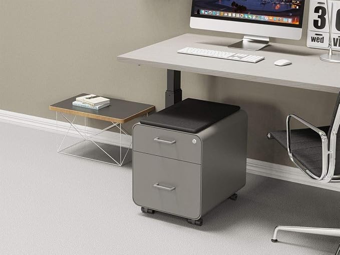 Monoprice Round Corner 2-Drawer File Cabinet - Gray, Lockable with Seat Cushion - Workstream Collection (137882), Grey