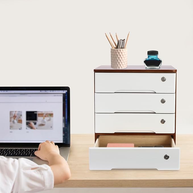 Wooden Desktop Storage Box with Lockable Drawers, Flat File Cabinet Drawer Desktop Storage Box, Countertop Storage Cabinet for Office Home Toiletries Supplies Vanity (walnut+white, 4 Drawer)