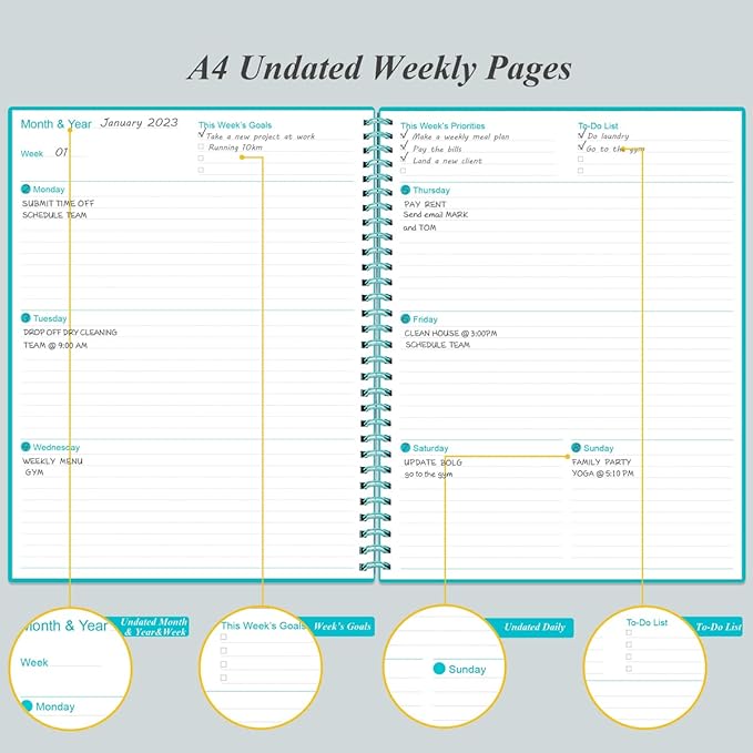 Undated Planner Pro - 8.5" x 11" Weekly & Monthly Planner to Achieve Goals & Increase Productivity, 12 Months Undated Agenda Daily Planner, Start Anytime, Teal