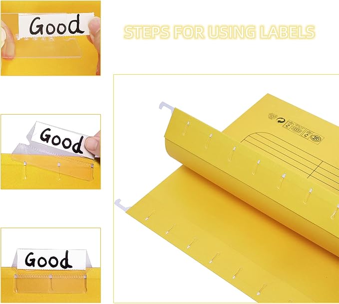 Hanging File Folder, A4 Suspension Files Holder, Hang Folder, Filing Cabinet Suspension File with Tab and Label for School Home Office, Yellow, 25 Pack
