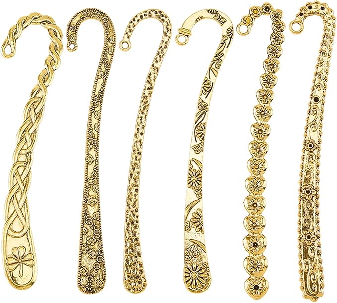 SUNNYCLUE 12Pcs 6 Styles Metal Bookmark Hairpin Hook Book Mark Alloy Vintage Antique Gold Flower Carved Bookmarks Findings with Hole Book Marker Blank for Crafts Teacher Reading Jewelry DIY Gifts