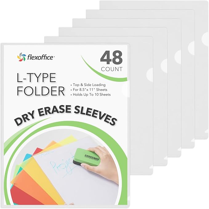 FLEXOFFICE 48 Pack Clear Project Folders for Important Documents, Heavyweight L-Shaped Transparent Poly Jacket Sleeves Folders Fit for US Letter Size