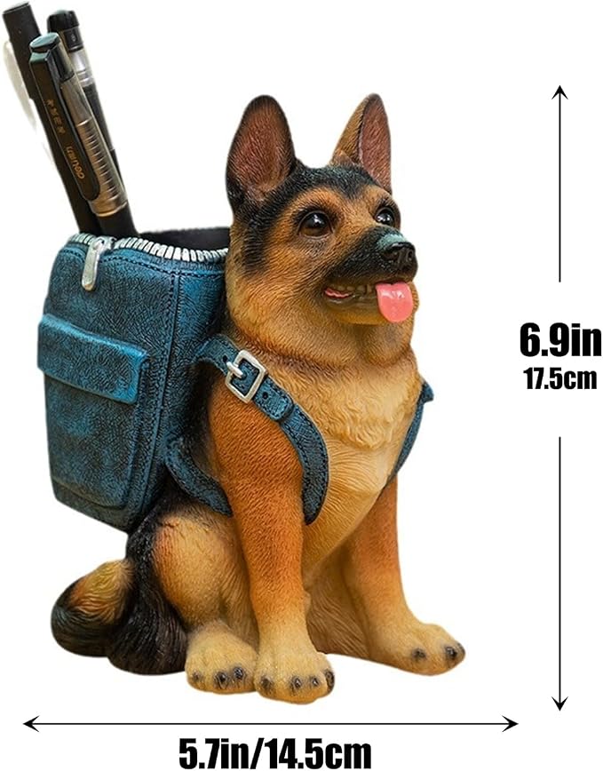 German Shepherd Pen Holder, Office Desk Organizer, Pencil Holder with Backpack, Decorative Resin Dog Statue, Pen Storage for Office, School, Home, Ideal Gift for Dog Lovers (A)