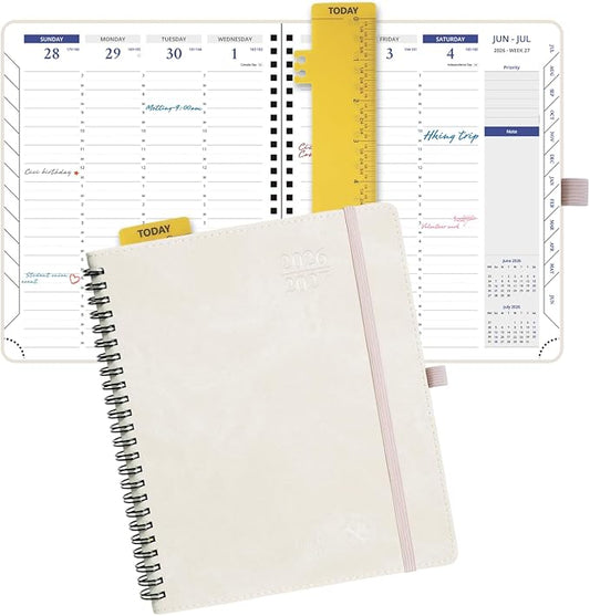 POPRUN 2026-2027 Academic Weekly Planner, 7" x 8.5" Calendar from July 2026 to June 2027, Spiral Bound Appiontment Book with Vertical Layout, 30 Minutes Hourly Time Slots, Leather Soft Cover, Monthly Tabs - Beige