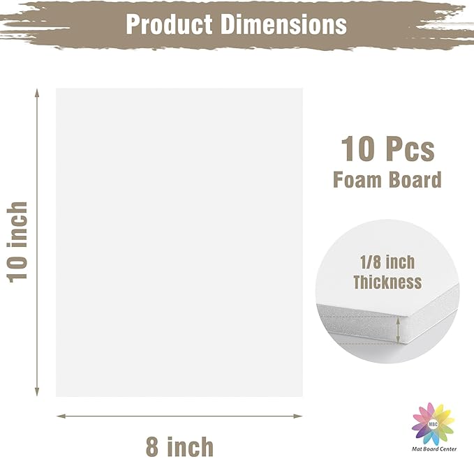 Mat Board Center, Pack of 10 Acid-Free Foam Boards, 8x10 inch White Foam Boards, 1/8" Thick