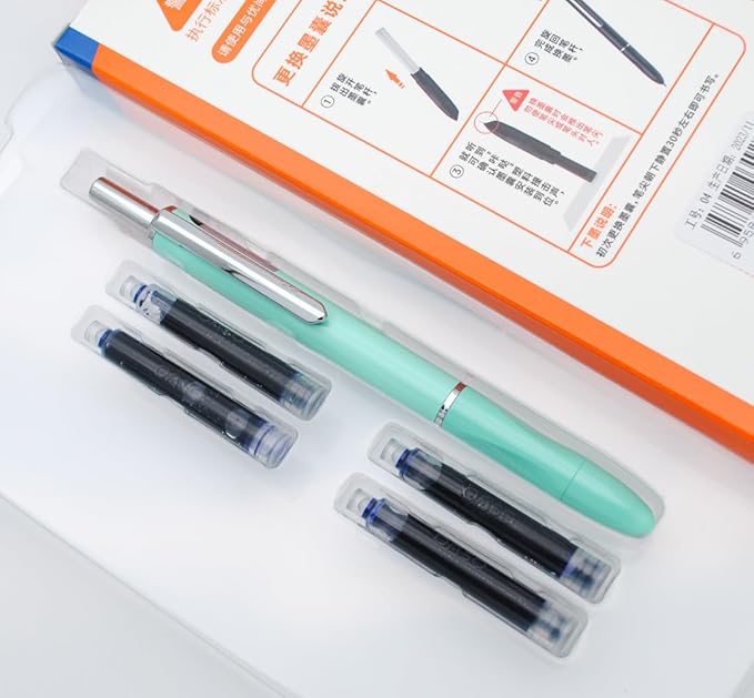 OASO K016 Retractable Fountain Pen Set 0.5mm with 4pcs Blue Ink Cartridges Smooth Writing for School Students (Seaweed Green)