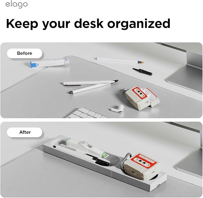 elago Smart Magnetic Desk Mat Pencil Tray – Soft Silicone Organizer for Office Supplies, AirPods, Glasses, Pens – Noise-Free, Washable, Item for Desk Management [Medium-Small Set] (Light Grey)