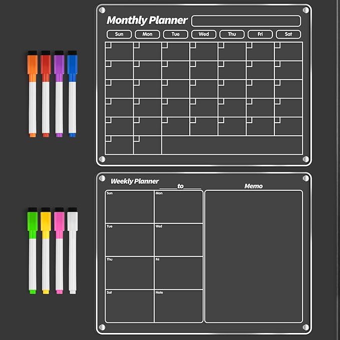 FINDMAG Acrylic Dry Erase Magnetic Calendar for Fridge, 16"x12" Magnetic Calendar for Refrigerator, Clear Monthly and Weekly Meal Planner Fridge Magnets, Chore Chart for Kids with 8 Colors Markers