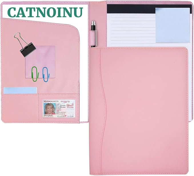 PU Leather Portfolio Folder with 30 Pages Paper Padfolio Business Organizer Document Planner Binder Storage Pocket for Legal Pad Holder Paperwork Phone Men Women (A4, Pink)