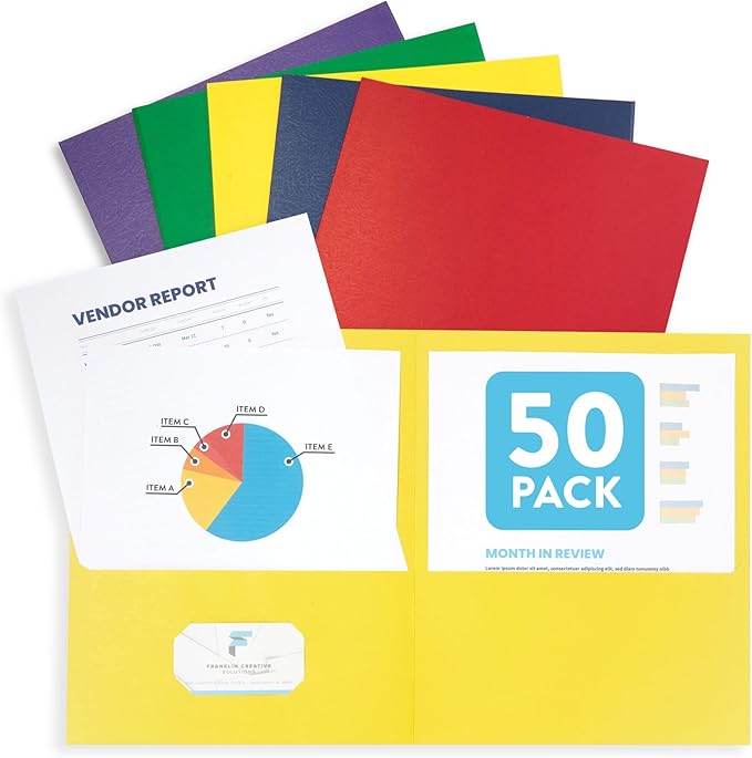 Blue Summit Supplies 50 Paper Two Pocket Folders Bulk, Designed for Office and Classroom Use, Assorted 5 Colors, 50 Pack Colored 2 Pocket Folders Bulk