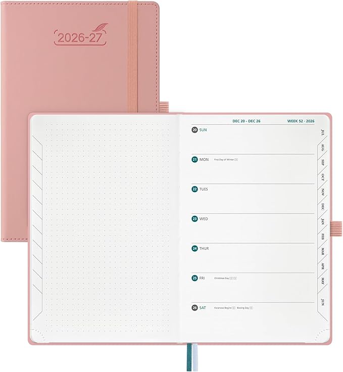 BEZEND Weekly Planner 2026 2027 Dot‑Grid Journal in One (5.5" x 8.5") 12 Month Academic Calendar with Tabs (Jul.26-Jun.27) for Student/School, 100gsm Thick Paper, PU Leather Hardcover - Pink
