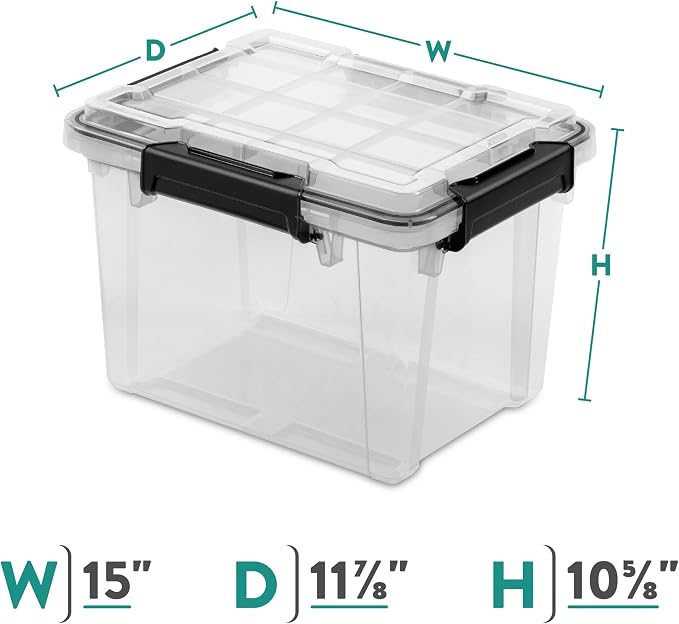 19 Qt Storage Box with Gasket Seal (Clear/Black), Heavy Duty Plastic Latching Tote, Small Stackable Container for Home Office, Basement, Garage, Storing Valuables, Files, and Supplies