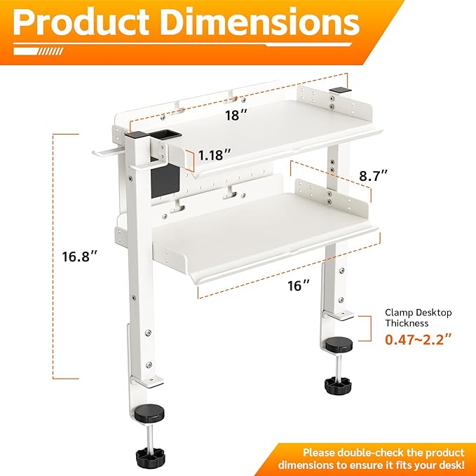 2-Tier Steel Clamp On Desk Shelf, Adjustable 16 inch Desk Storage Shelves with Pegboard and Pencil Holder,Above or Under Heavy Duty Desktop Organizer with Headphone Holder for Desk Accessories (White)
